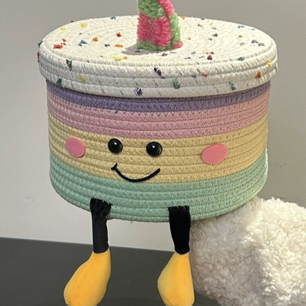 Cartoon Woven Storage Basket Dustproof Desktop Organizer Toys Snacks Kids Gift Box Rainbow Cake Storage