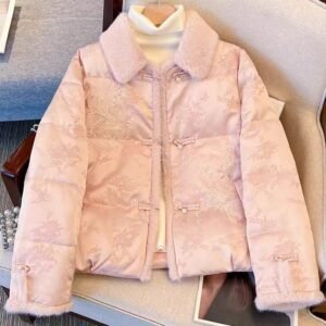 Cherry pink Chinese-style jacquard fur collar cotton-padded jacket